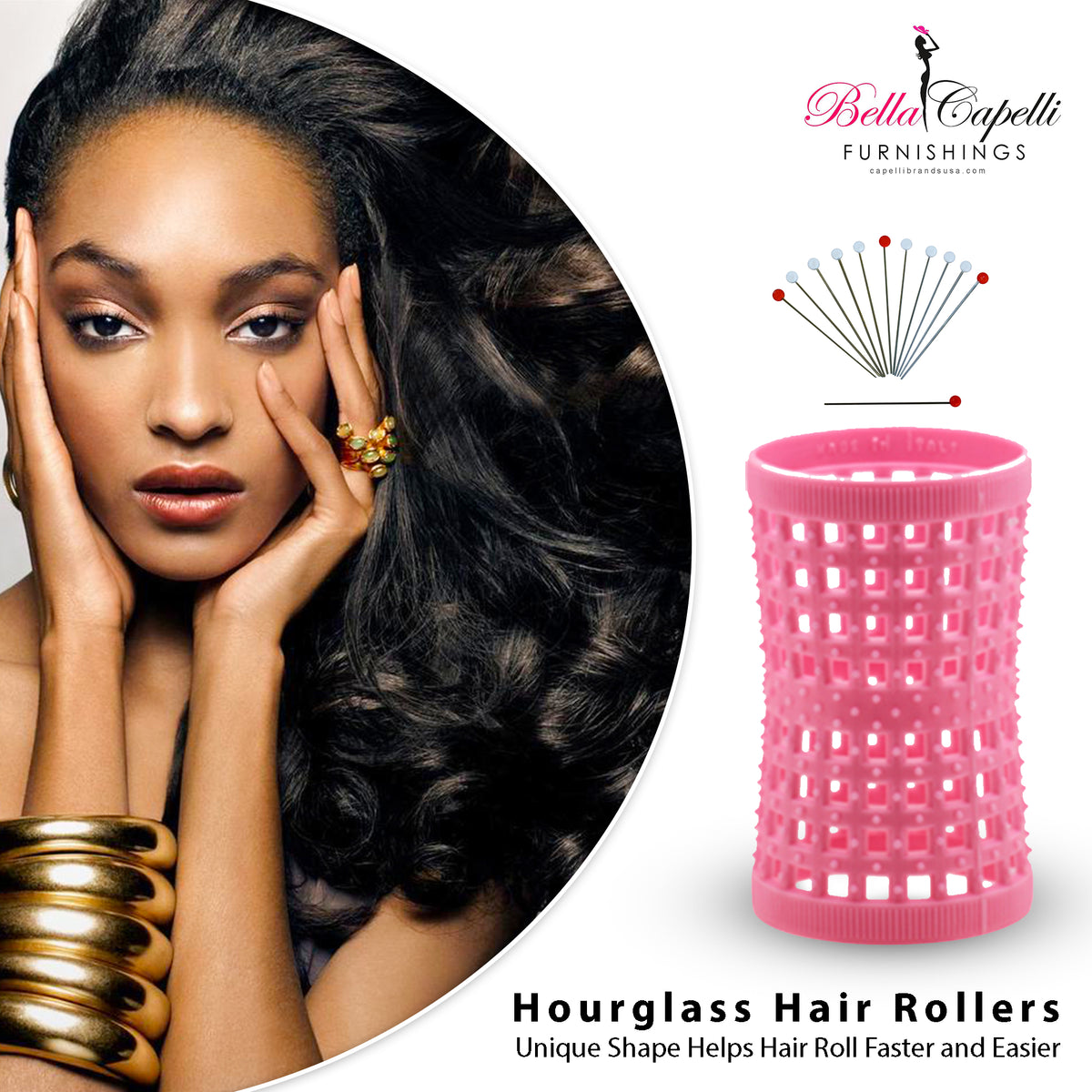 Hourglass All Hair Types Unisex Rollers- Pink 42mm/1.65in – Pack of 12 With 25 pack Hourglass Metal Pins